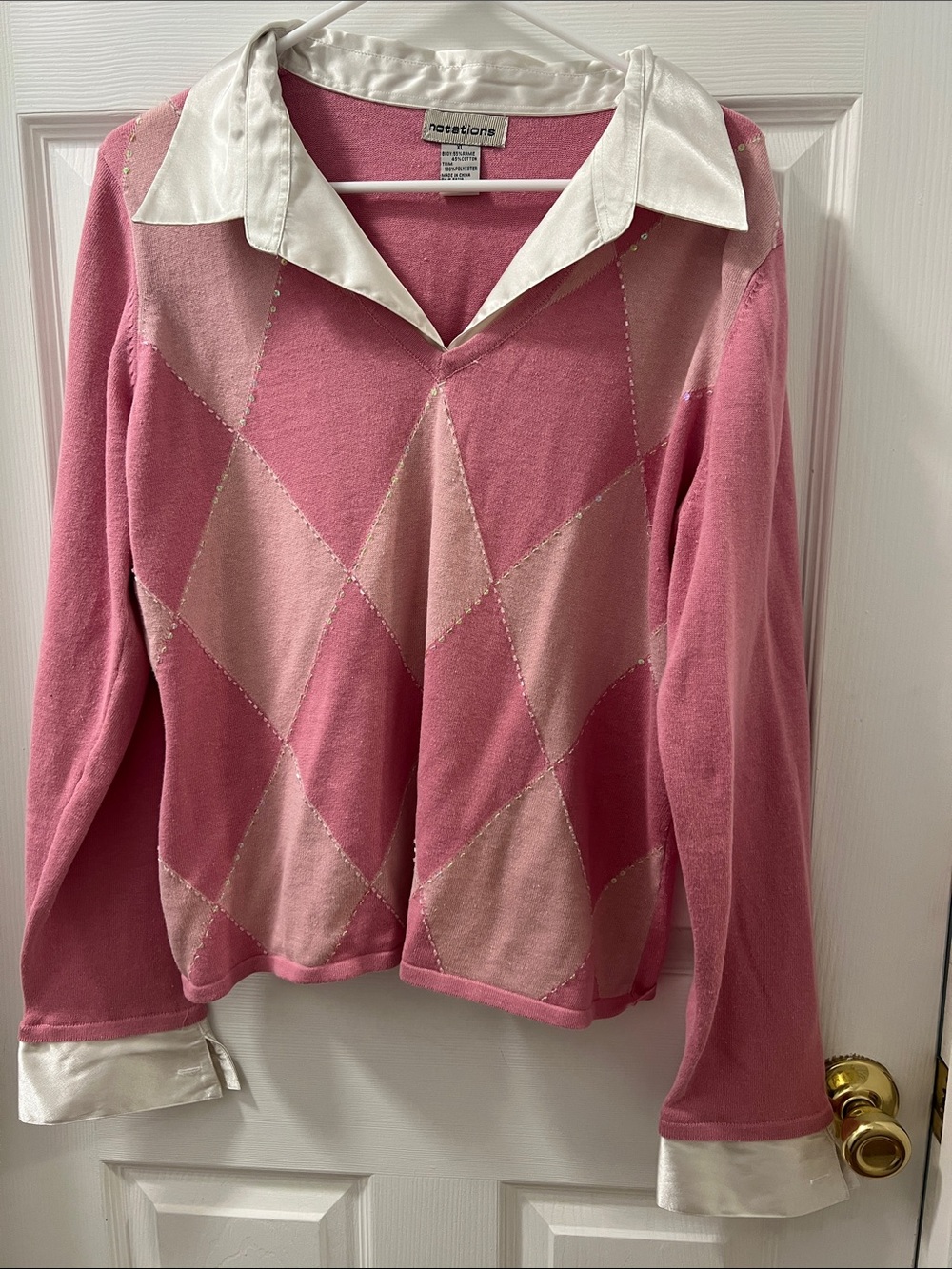Notations Pink Argyle V-Neck Sweater with White Contrast Collar